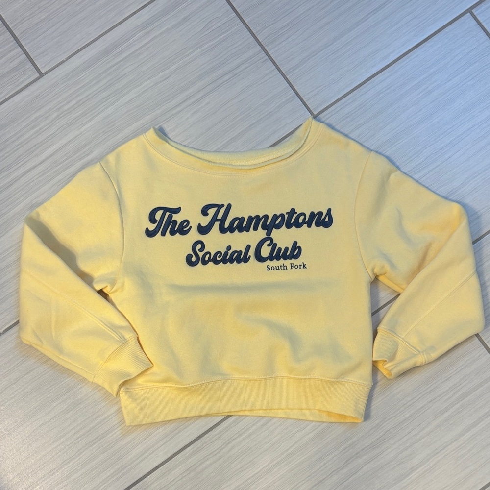 NWOT art class yellow off the shoulder Sweatshirt with Navy Logo Print